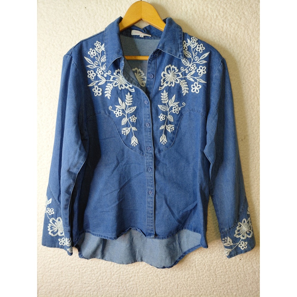 Solitaire Blue Denim Embroidered Floral Western Button Down Shirt Mens Medium